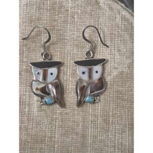 Native American Zuni Inlay Multi-color Owl Sterling Silver Dangle Earrings